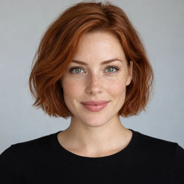 Input portrait: a fictional adult woman with short red hair and freckles