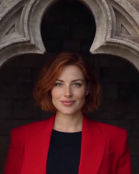 The red-haired lead at the castle window in the generated video
